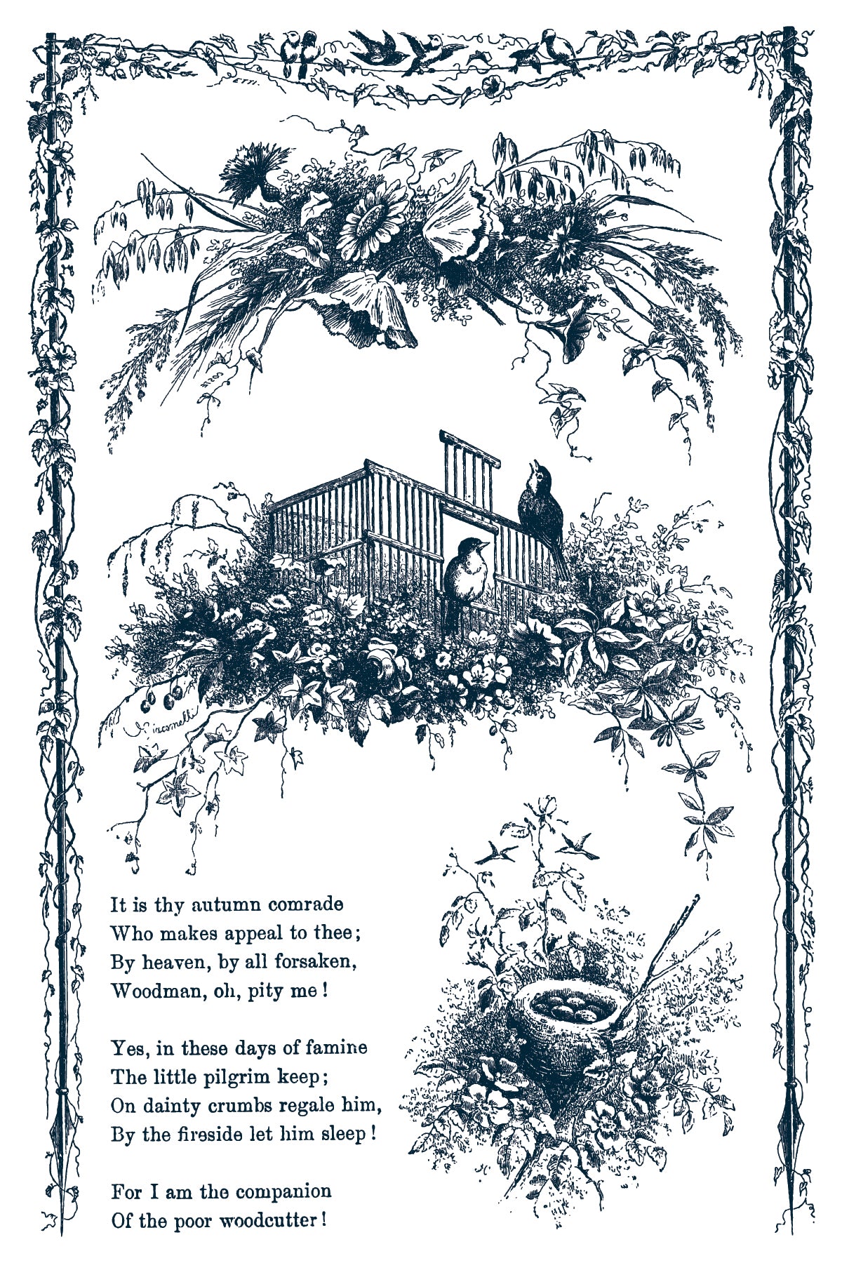 Decorative black and white illustration with text and nature elements from Iron Orchid Designs Little Lark Inlay