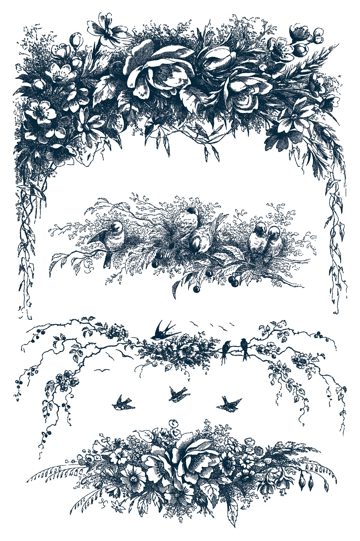 Decorative floral and bird illustrations in black and white from Iron Orchid Designs Little Lark inlay