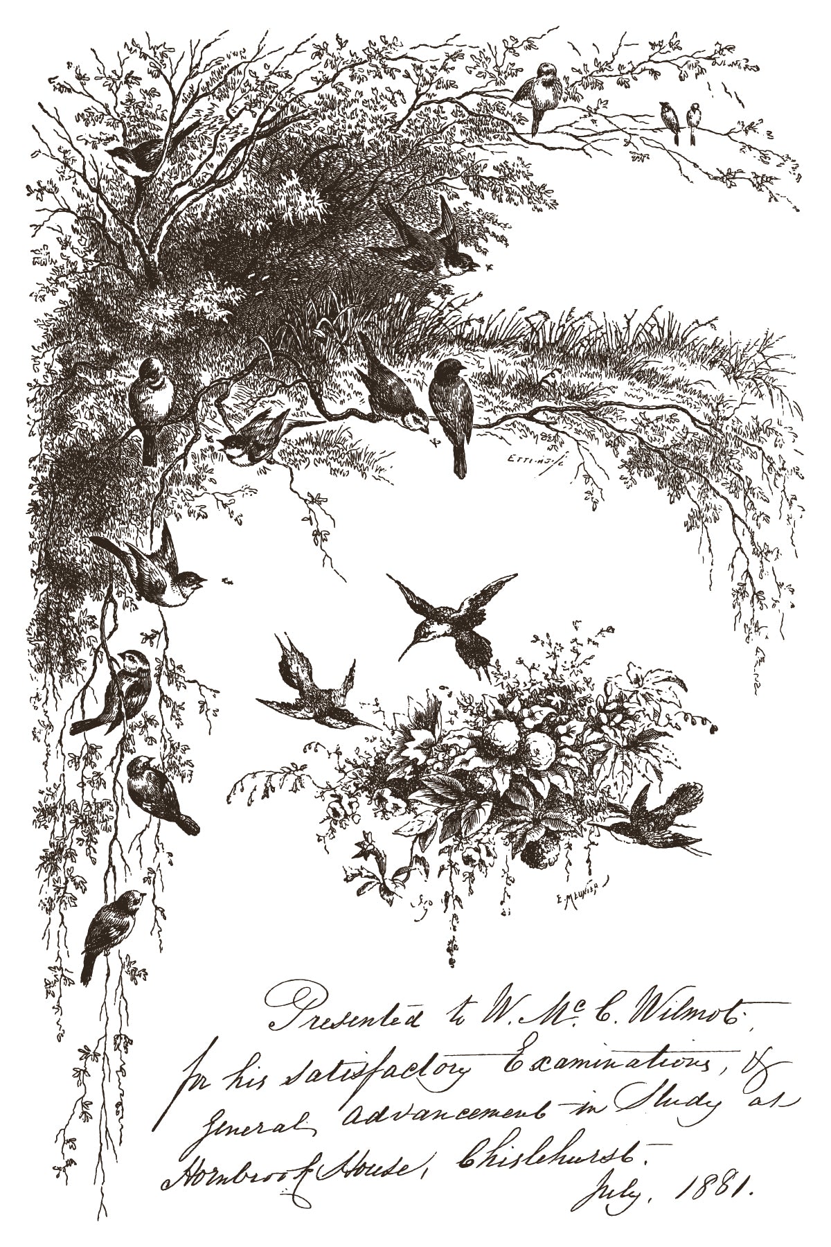 Decorative illustration in sepia of birds and a nest with text at the bottom from iron Orchid Designs Little Lark Inlay