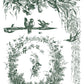Decorative illustration of birds and foliage in green with a central wreath from Iron Orchid Designs Little Lark inlay