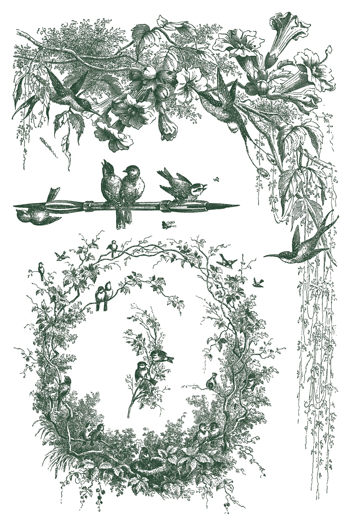 Decorative illustration of birds and foliage in green with a central wreath from Iron Orchid Designs Little Lark inlay