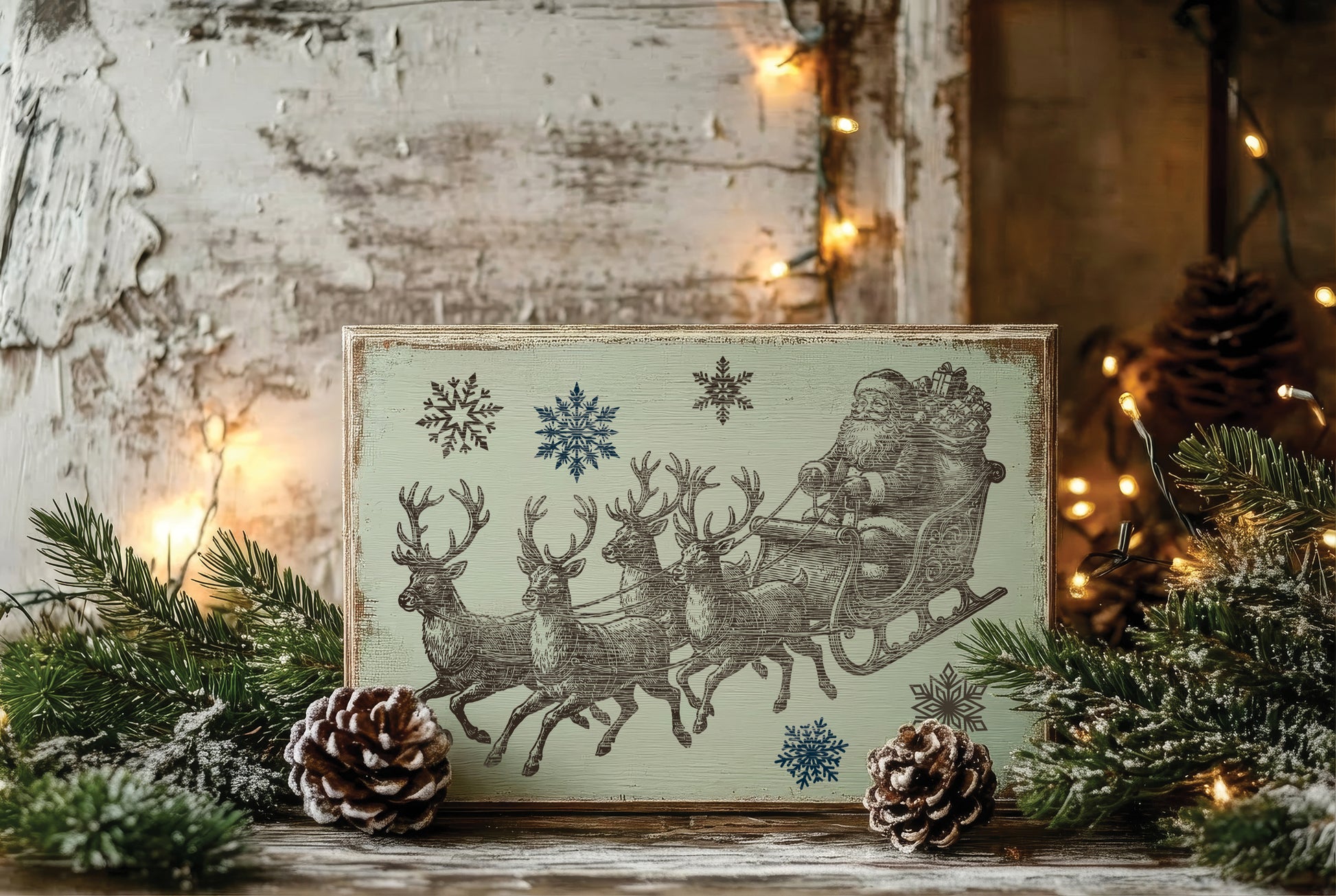 A rectangular vintage-style Christmas sign featuring Santa Claus in a sleigh with reindeer and snowflakes, styled on a rustic wooden surface with pine branches, pinecones, and warm string lights. From Iron Orchid Designs
