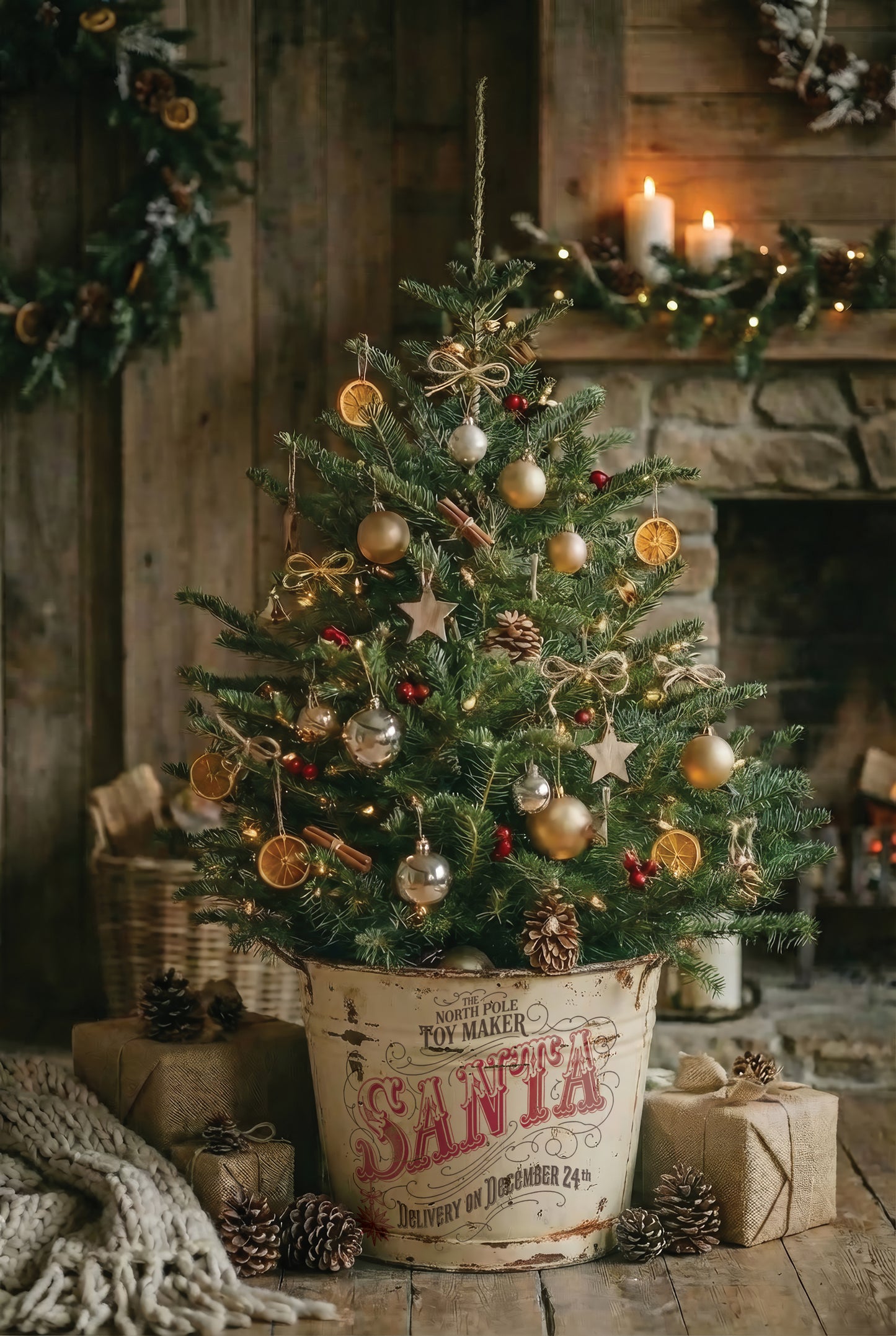 A decorated Christmas tree in a vintage Santa-themed bucket, styled in a cozy rustic living room with a stone fireplace, candles, wrapped gifts, and pinecones. From Iron Orchid Designs