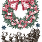 A festive Christmas wreath illustration with a large red bow, green pine branches, and red ribbon accents, plus a black-and-white drawing of Santa Claus in a sleigh pulled by reindeer, on a white background. From Iron Orchid Designs 