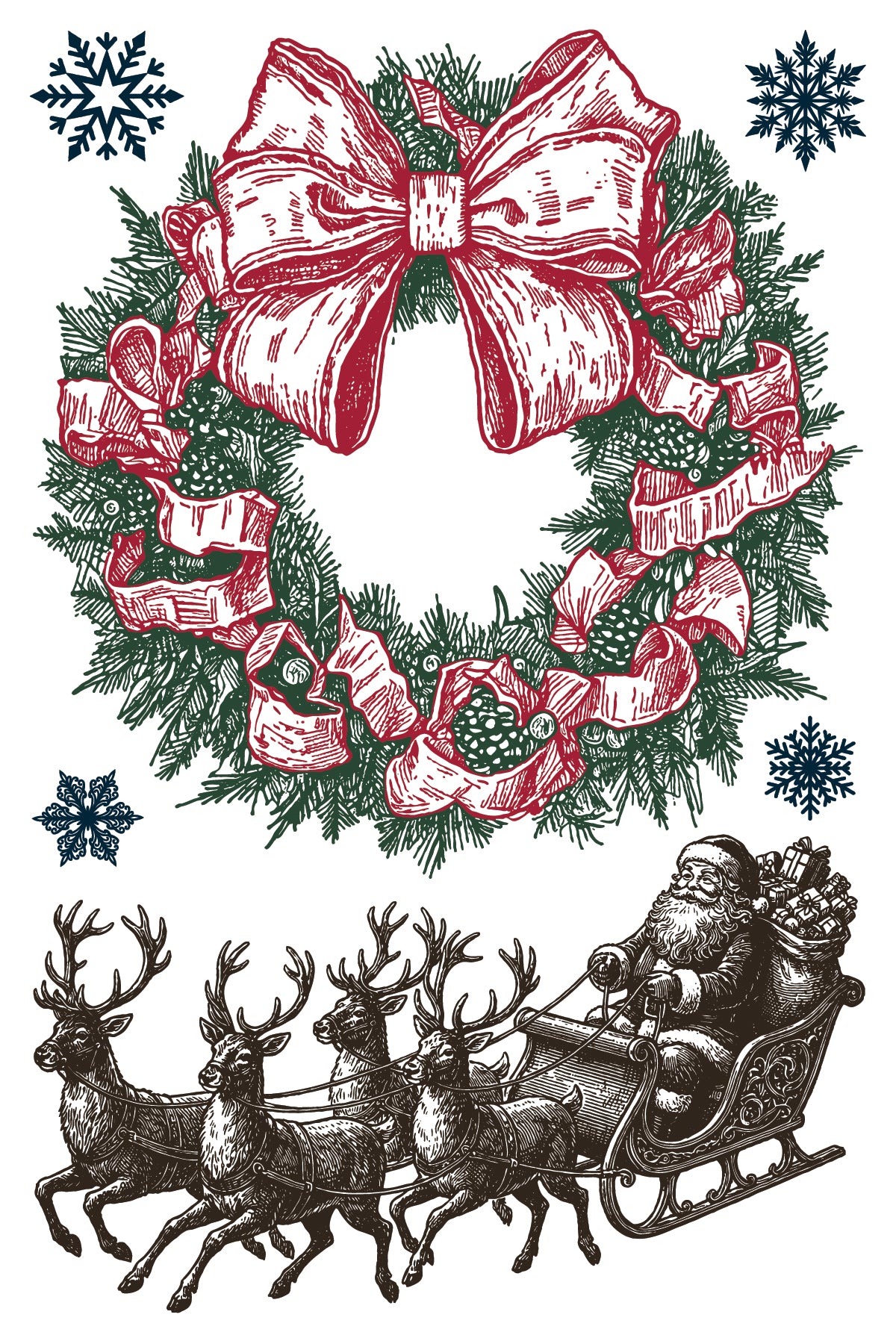 A festive Christmas wreath illustration with a large red bow, green pine branches, and red ribbon accents, plus a black-and-white drawing of Santa Claus in a sleigh pulled by reindeer, on a white background. From Iron Orchid Designs 