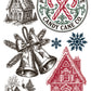 A collection of Christmas-themed graphic designs on a white background, including a gingerbread house, a round 'Peppermint Lane Candy Cane Co' logo with red candy canes and green scrollwork, a pair of hanging bells with pine branches, two blue snowflakes, and another gingerbread house in red and black sketch style. From Iron Orchid Designs