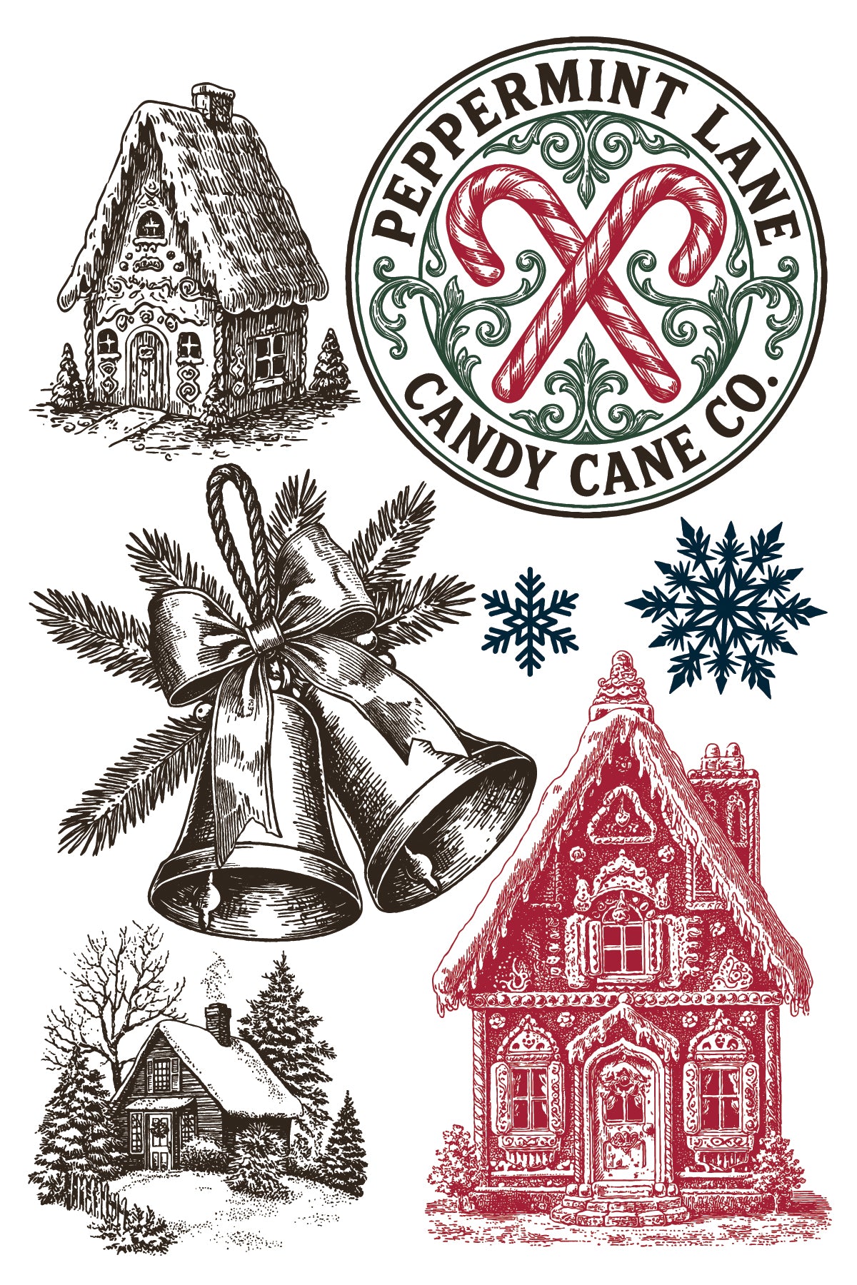 A collection of Christmas-themed graphic designs on a white background, including a gingerbread house, a round 'Peppermint Lane Candy Cane Co' logo with red candy canes and green scrollwork, a pair of hanging bells with pine branches, two blue snowflakes, and another gingerbread house in red and black sketch style. From Iron Orchid Designs