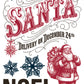 A festive graphic design featuring the text 'The North Pole Toy Maker Santa Delivery on December 24th NOEL' in red and black typography, decorated with dark blue snowflakes and an illustration of Santa Claus carrying a sack of toys on a white background. From Iron Orchid Designs