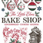 A festive Christmas-themed graphic with hanging ornament illustrations, the text 'The Little Elves Bake Shop,' 'Gingerbread • Cookies • Eggnog,' 'Candy Cane Lane,' a mailbox labeled 'Santa's Mail,' and snowflake motifs on a white backgroundFrom Iron Orchid Designs. 