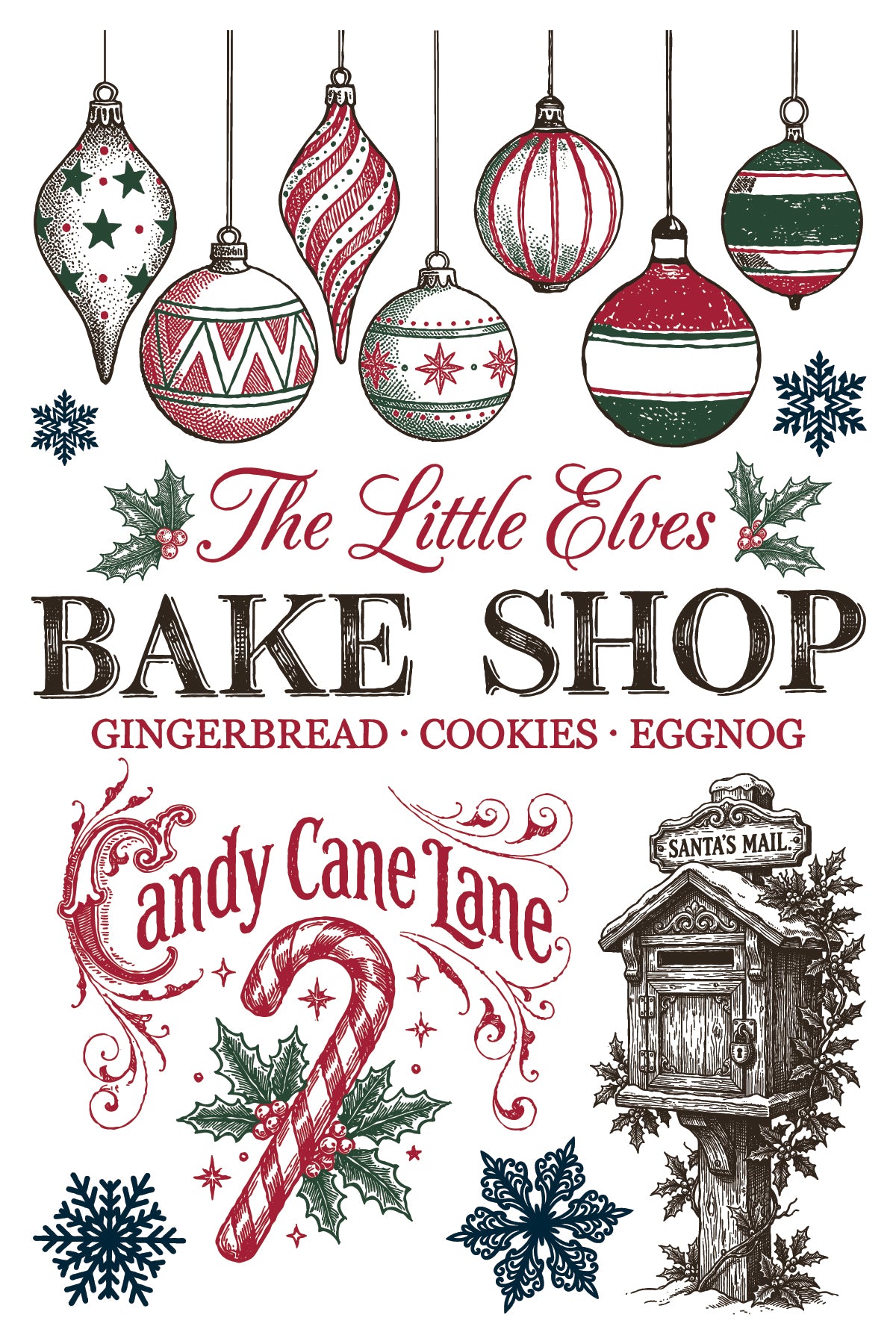 A festive Christmas-themed graphic with hanging ornament illustrations, the text 'The Little Elves Bake Shop,' 'Gingerbread • Cookies • Eggnog,' 'Candy Cane Lane,' a mailbox labeled 'Santa's Mail,' and snowflake motifs on a white backgroundFrom Iron Orchid Designs. 