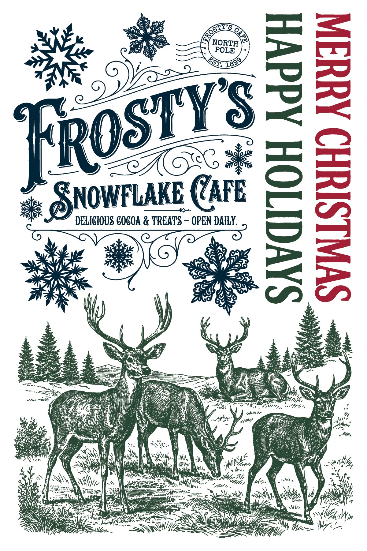A festive vintage-style holiday sign or poster for 'Frosty's Snowflake Cafe' with 'Merry Christmas Happy Holidays' text, snowflakes, and illustrated deer in a snowy landscape. From Iron Orchid Designs