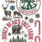 Vintage-style Christmas graphic with illustrated deer, a bear, bells, candy canes, snowflakes, and the text 'Holly Jolly Christmas' and 'Honey Bear's Tree Farm' on a white background. From Iron Orchid Designs