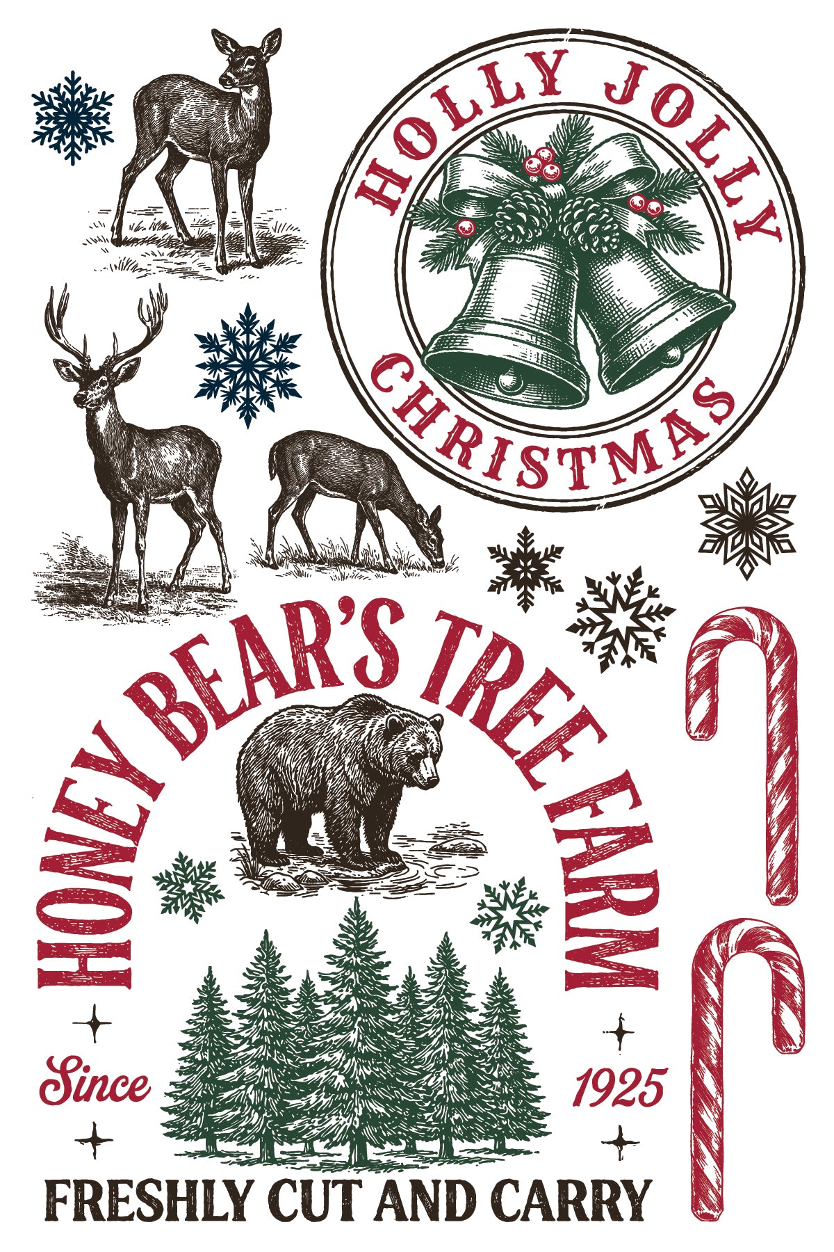 Vintage-style Christmas graphic with illustrated deer, a bear, bells, candy canes, snowflakes, and the text 'Holly Jolly Christmas' and 'Honey Bear's Tree Farm' on a white background. From Iron Orchid Designs