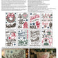 A product information sheet for IOD Paint Inlay featuring multiple holiday-themed stencil designs such as Santa, wreaths, hot cocoa, frosty cider, reindeer sleigh rides, and baker shop motifs, along with text instructions, a QR code, and a small example application photo.