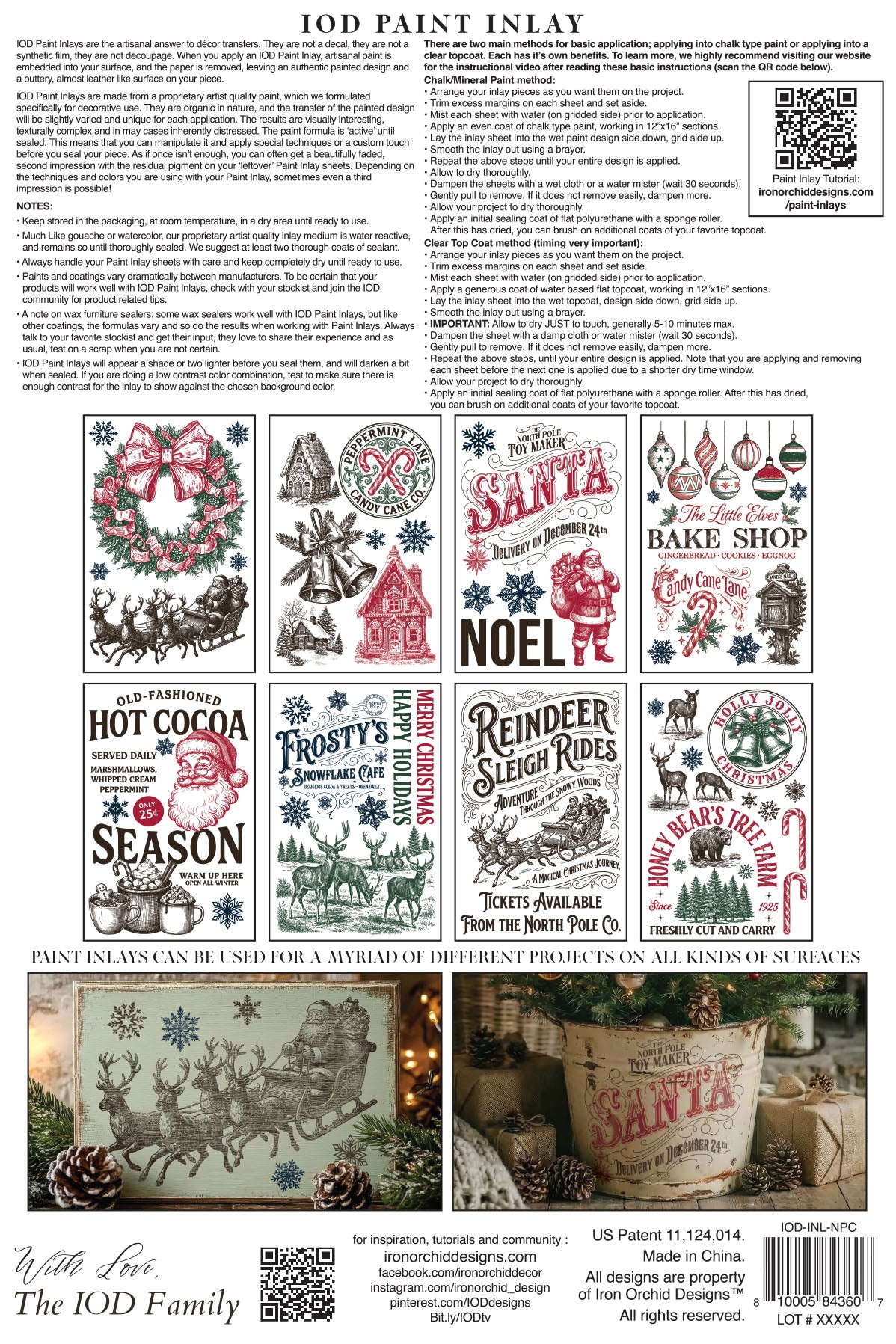 A product information sheet for IOD Paint Inlay featuring multiple holiday-themed stencil designs such as Santa, wreaths, hot cocoa, frosty cider, reindeer sleigh rides, and baker shop motifs, along with text instructions, a QR code, and a small example application photo.