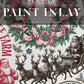A Christmas-themed fabric pattern design sheet featuring vintage illustrations of Santa Claus, reindeer, snow globes, and ornaments in red, green, and black ink on an off-white background, with a dark gray text overlay reading 'PAINT INLAY'. From Iron Orchid Designs