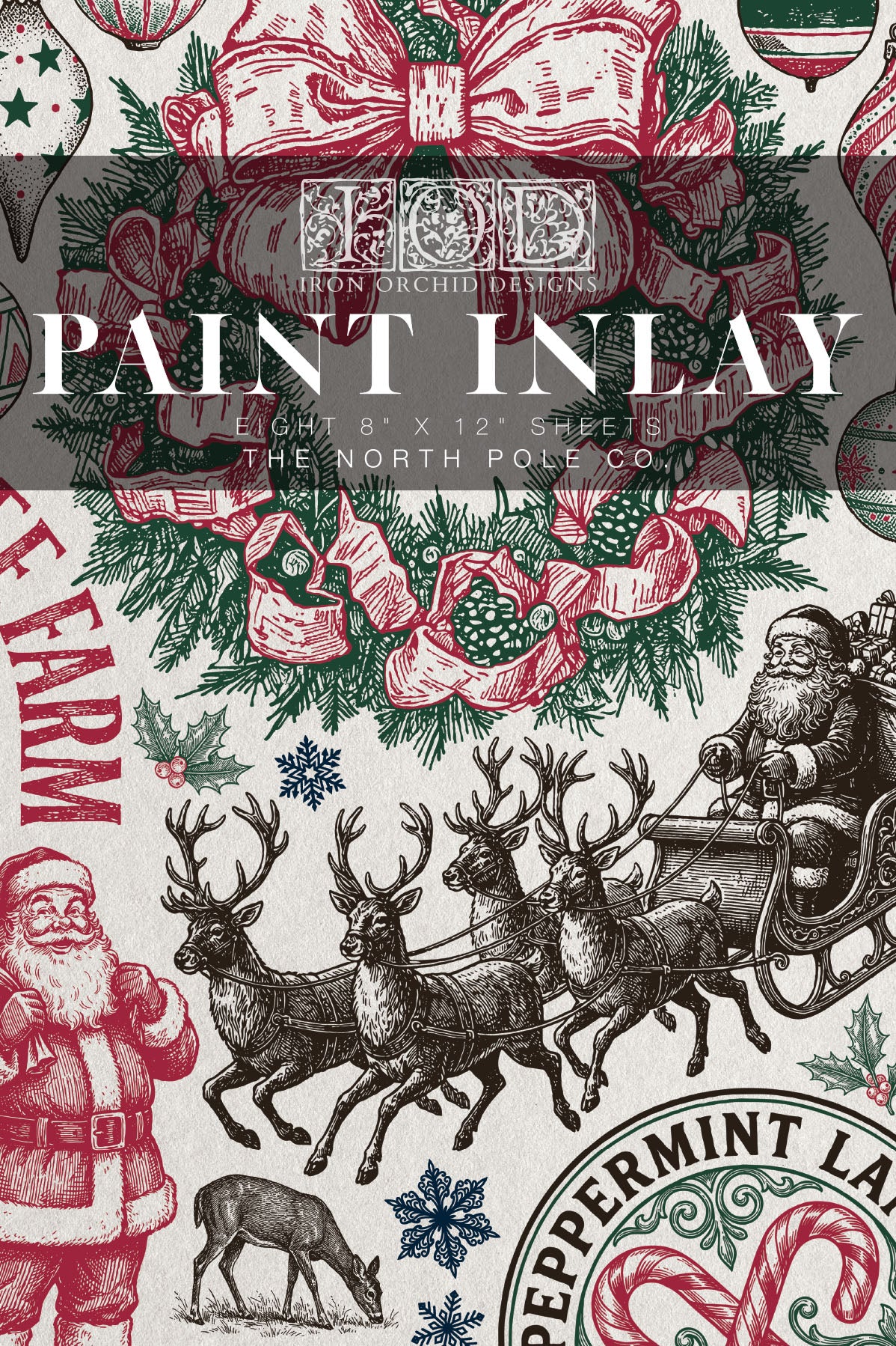 A Christmas-themed fabric pattern design sheet featuring vintage illustrations of Santa Claus, reindeer, snow globes, and ornaments in red, green, and black ink on an off-white background, with a dark gray text overlay reading 'PAINT INLAY'. From Iron Orchid Designs