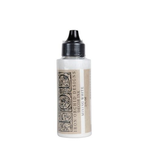 A bottle of Iron Orchid Designs Decor Ink in white color, designed for use in stamping and decorating applications.