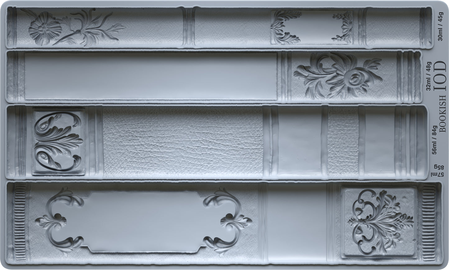 Decorative silicone Bookish mould from Iron Orchid designs with bookshelf design patterns on a grey background