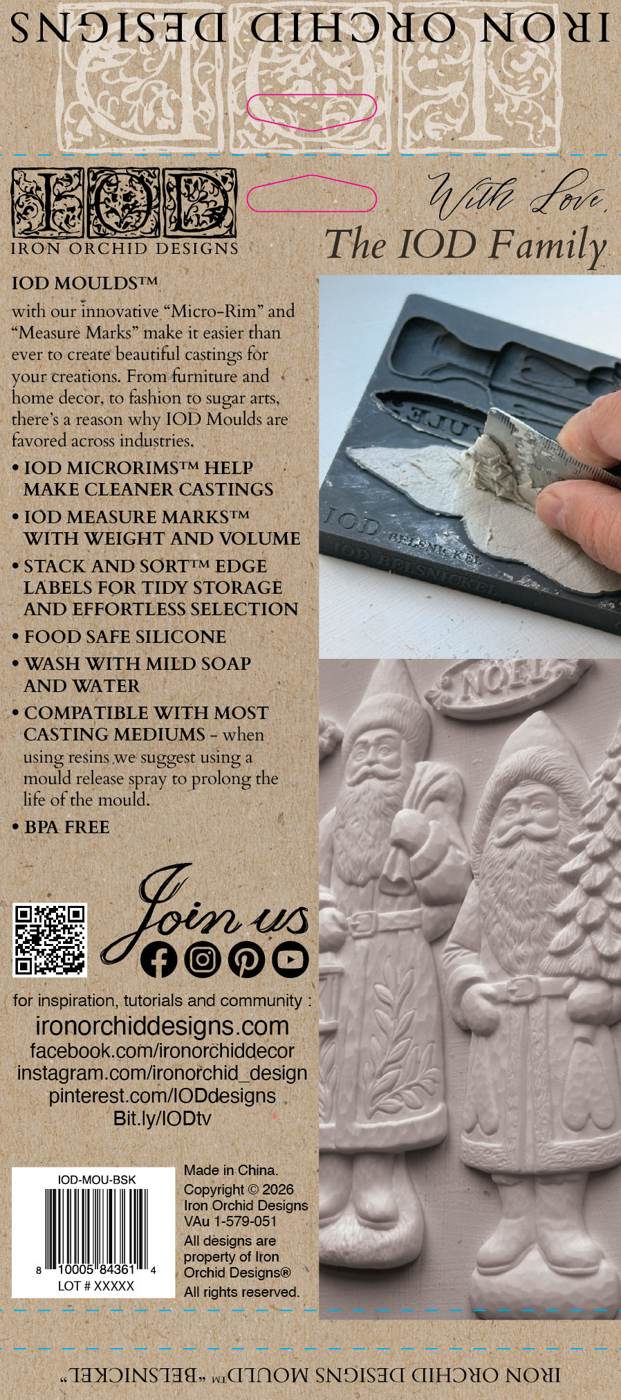 Back cover of the Iron Orchid Designs 'With Love, The Iod Family' Jod Moulds book, featuring product information, a barcode, and a photo of a hand holding a carved stone mould. Belsnickel From Iron Orchid Designs.