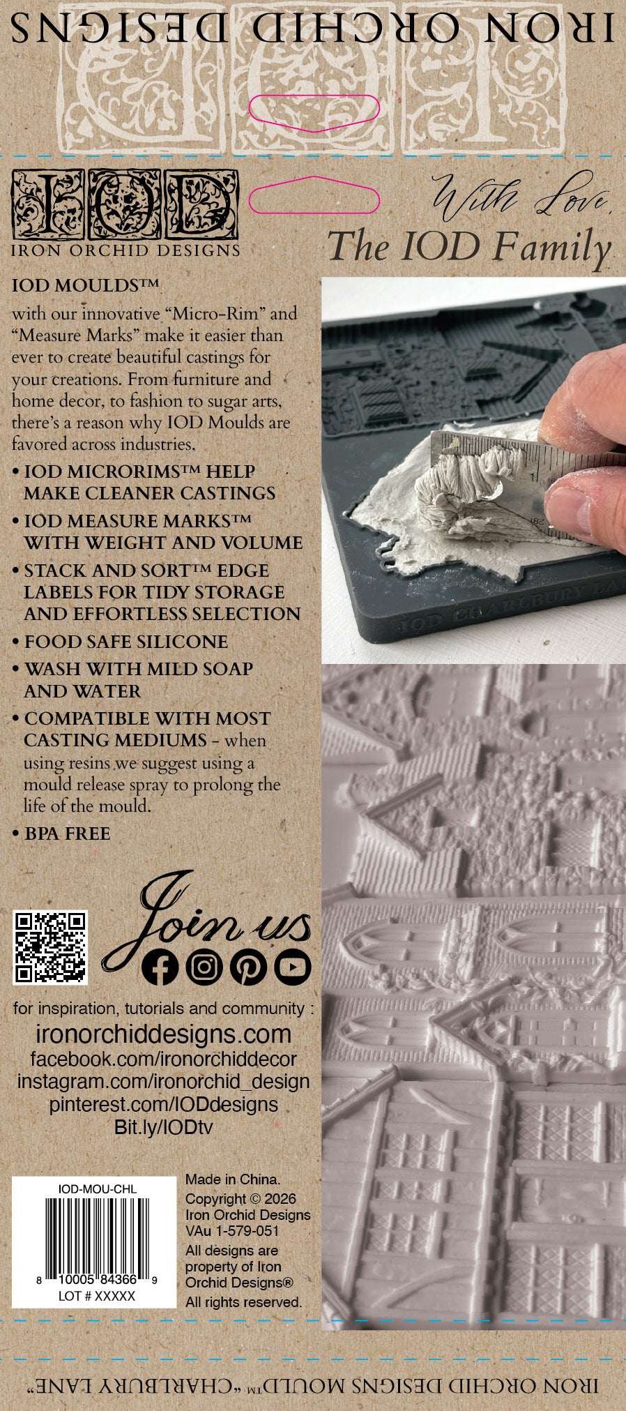 Back of a package for Iron Orchid Designs Jod Moulds, featuring product information, a barcode, social media links, and a photo of a hand pressing clay into a grey silicone mould. 
