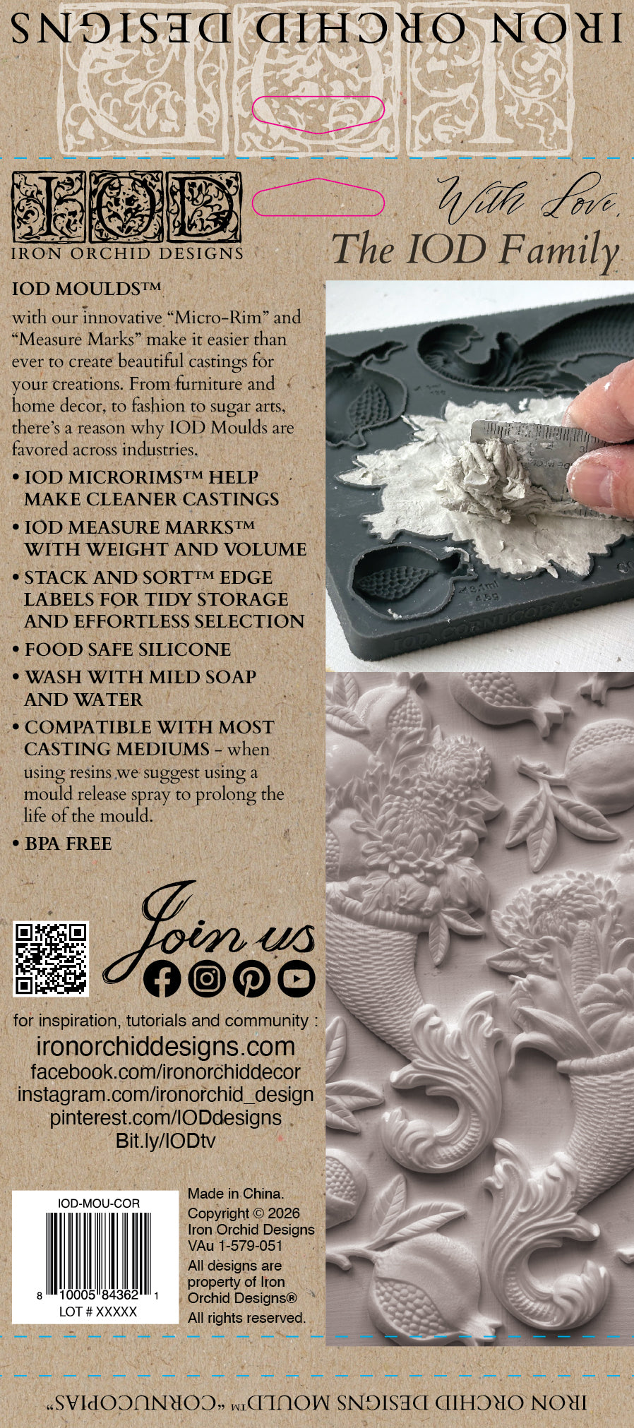 Back of a IOD Moulds castings packaging card by Iron Orchid Designs, showing product information, a photo of a hand holding a cast model, and close-up views of the carved mold details. From Iron Orchid Designs.