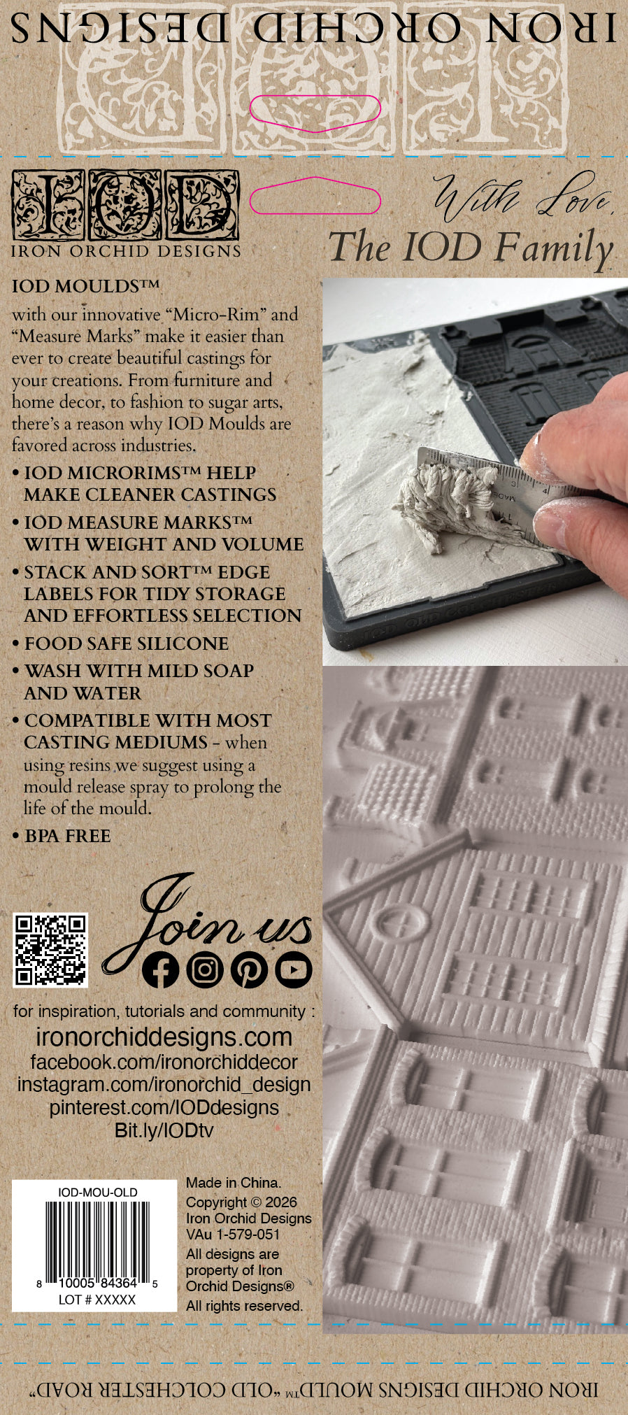 Back cover of the Iron Orchid Designs 'With the Iod Family' Iod Moulds book, featuring product information, website details, and a photo of a hand holding a cast replica of the Iod Orchid flower. From Iron Orchid Designs.