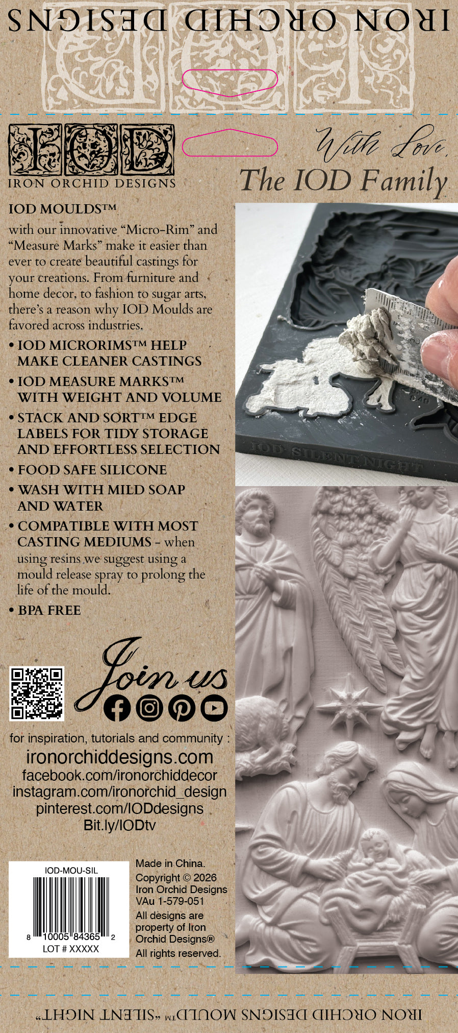 Back of a Iod Moulds 'The Iod Family' cast resin sculpture kit box, featuring product information, barcode, and a photo of the detailed white cast resin sculpture. Silent Night mould from Iron Orchid Designs.