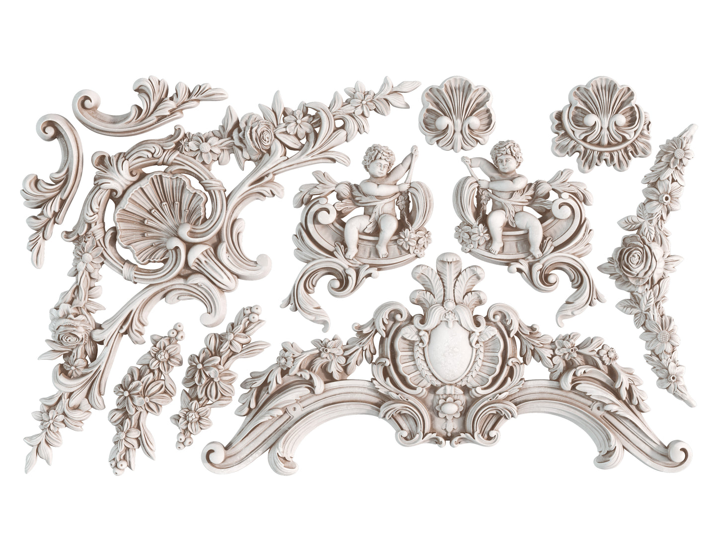 White clay castings of cherubs, swirls and decorative elements from Iron Orchid Designs Cadre Mould