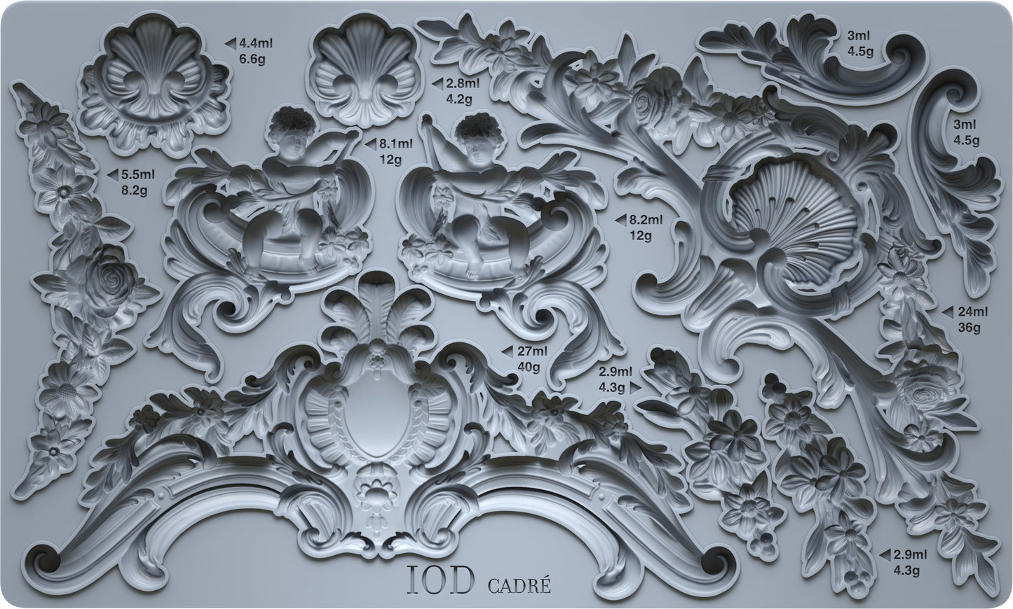 Decorative mould with intricate designs and measurements on a grey background from Iron Orchid Designs Cadre Mould