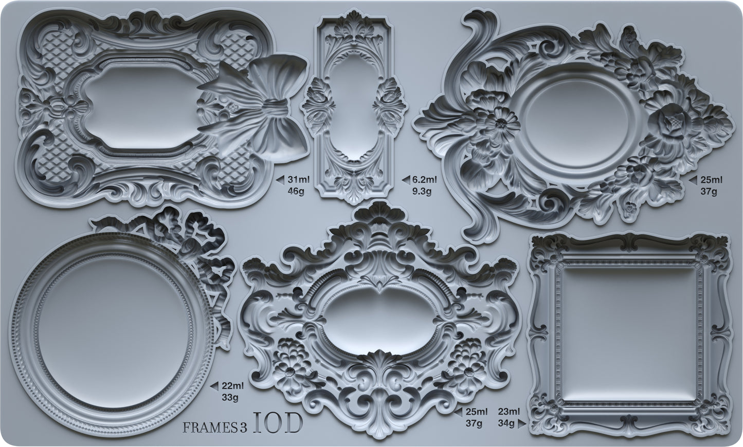 Decorative frames silicone mould with intricate designs on a grey background from Iron Orchid Designs Frames 3 Mould