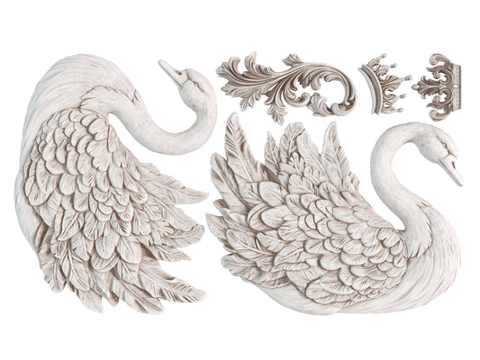 Decorative elements including swan figures and ornate crowns on a white background, from Iron Orchid Designs Swans Mould