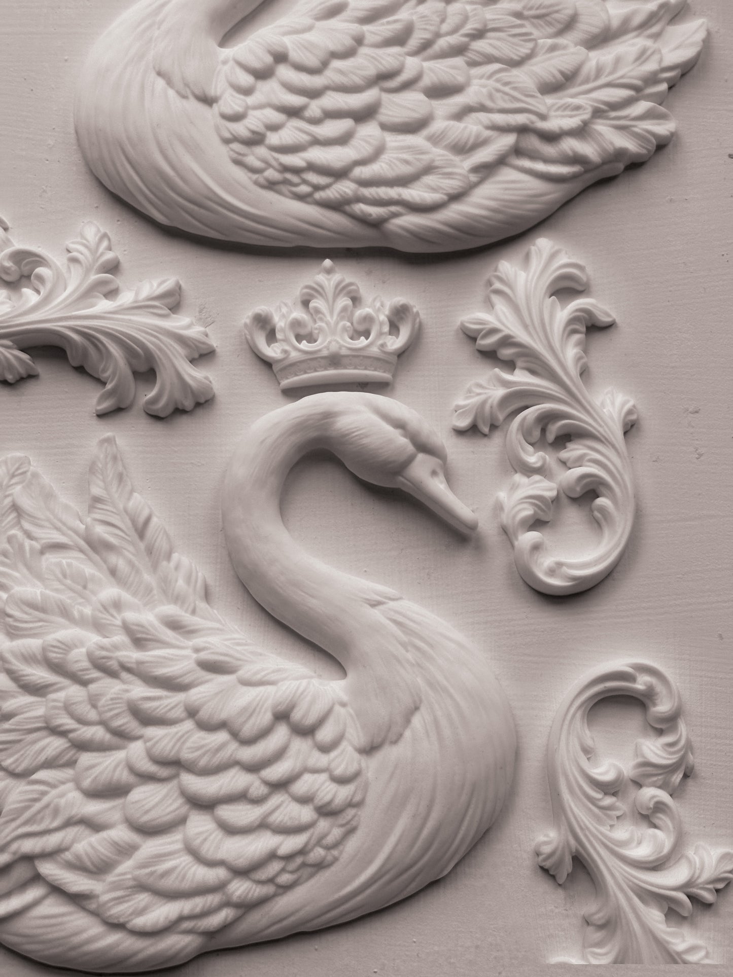 Decorative wall piece with swan design and crown  from Iron Orchid Designs Swans Mould
