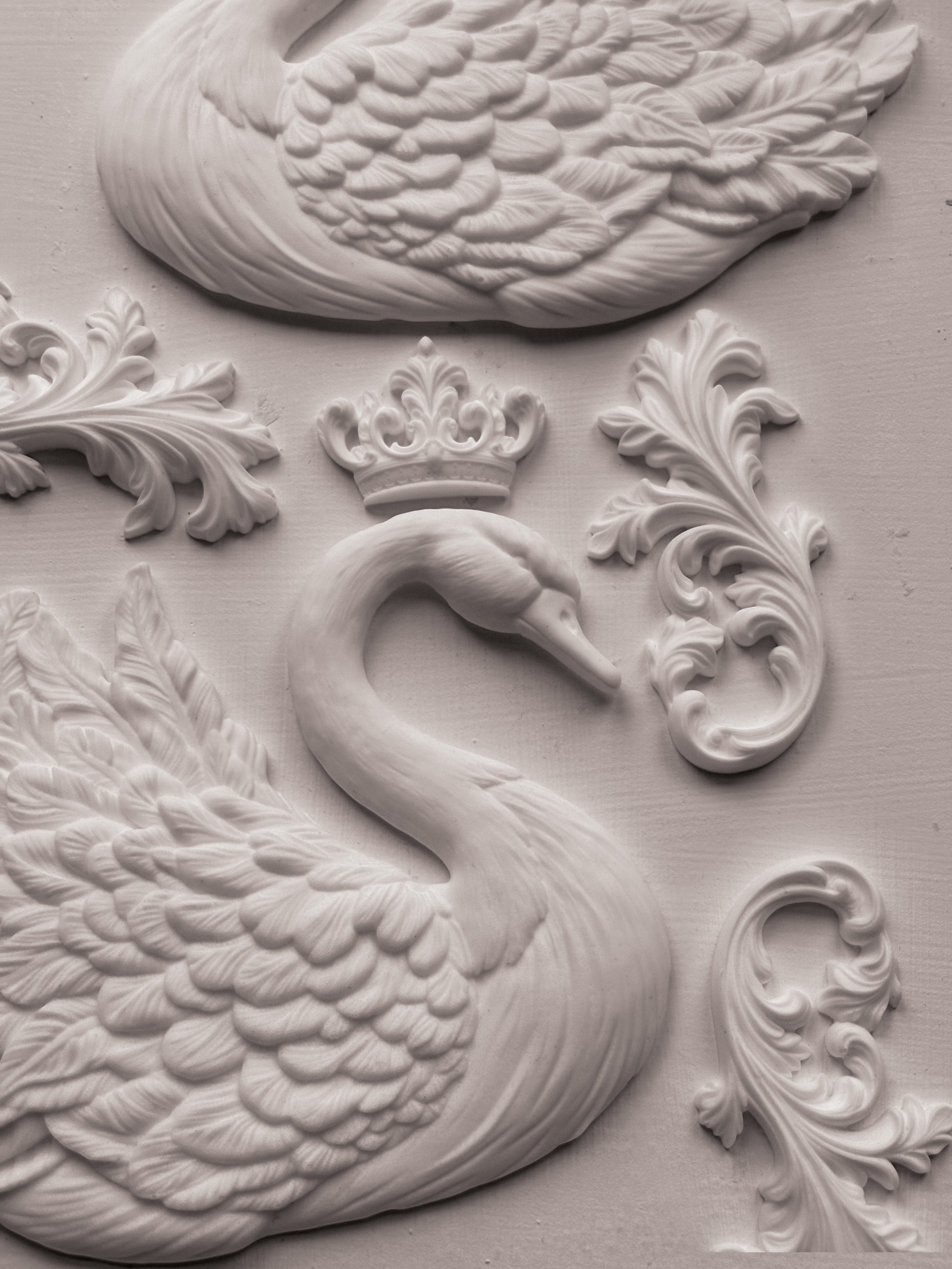Decorative wall piece with swan design and crown  from Iron Orchid Designs Swans Mould