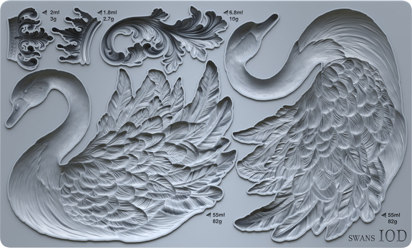 Metallic swan silicone mould with intricate details on a grey background  from Iron Orchid Designs Swans Mould