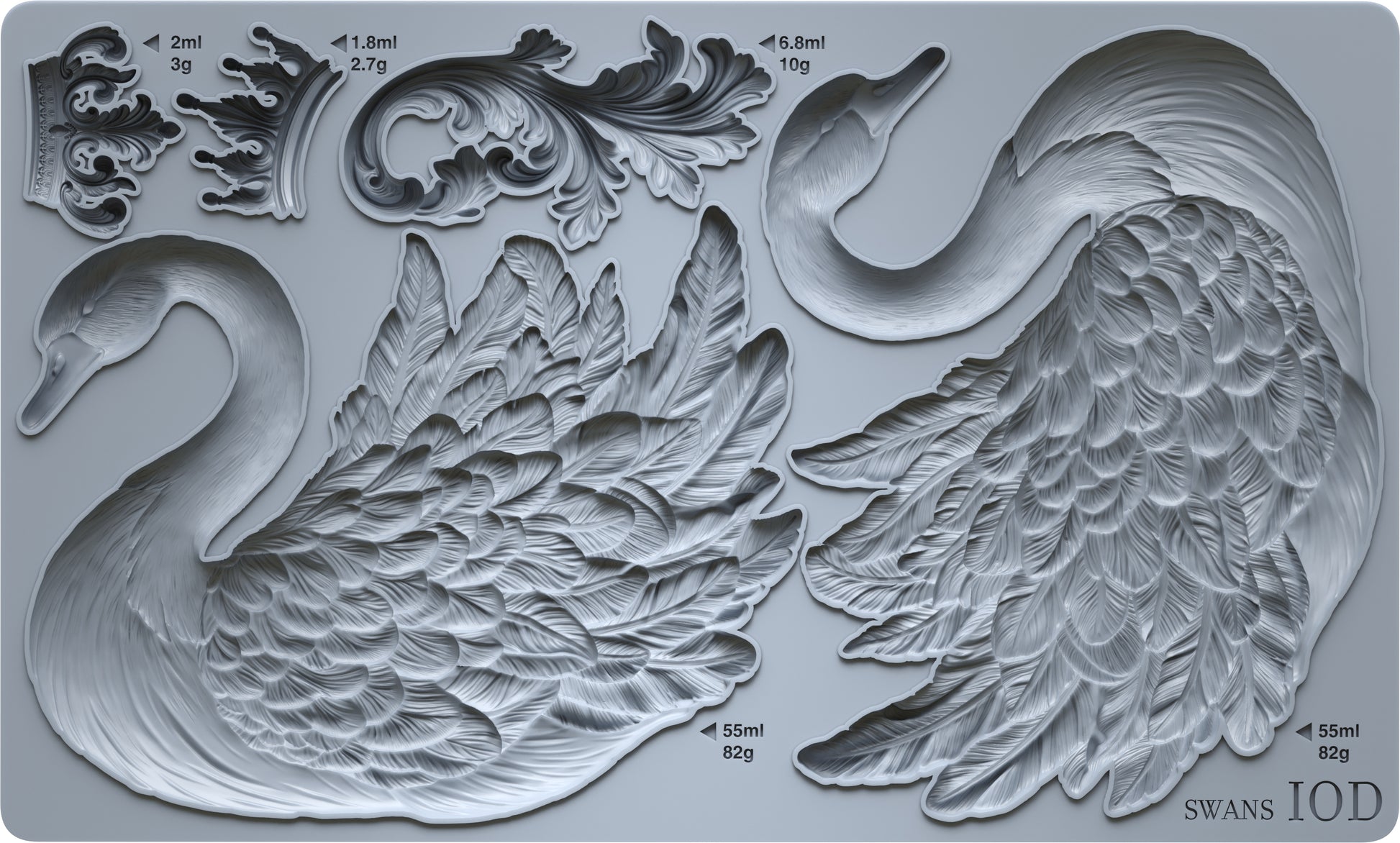 Metallic swan silicone mould with intricate details on a grey background  from Iron Orchid Designs Swans Mould