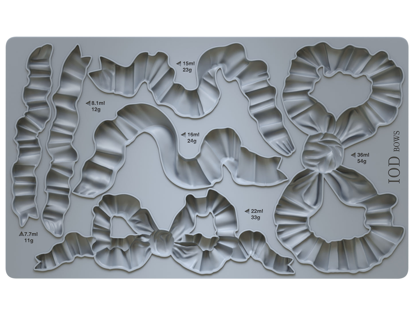 A grey silicone decor mould by Iron Orchid Designs featuring various bow shapes for crafting and baking