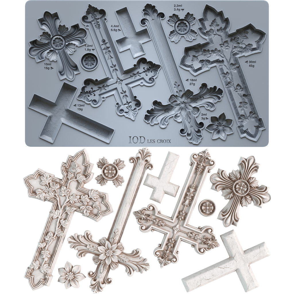 Decorative mould of intricate cross designs by Iron Orchid Designs shown above white clay castings on a white background