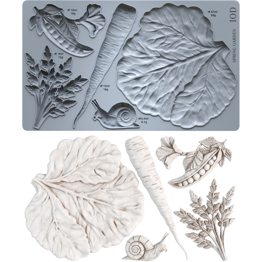 Grey silicone Spring Garden vegetable mould by Iron Orchid Designs above white clay castings from the same mould. Both on a white background