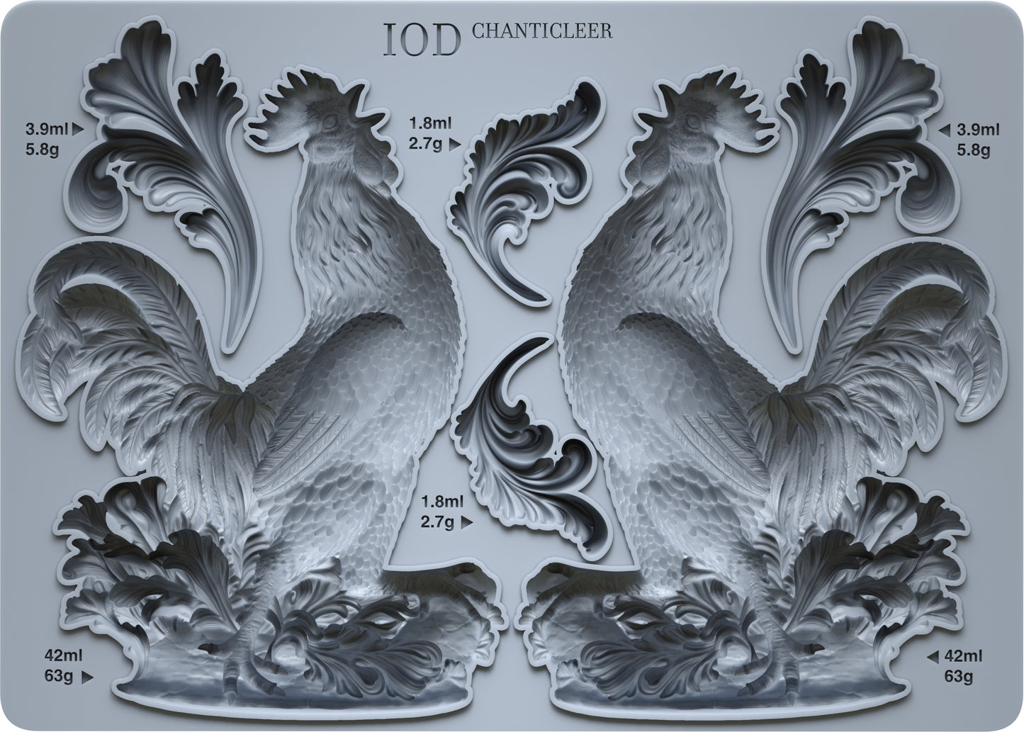 An Iron Orchid Designs silicone mould featuring a rooster design with detailed feathers and a crown, labelled 'IOD Chanticleer' 