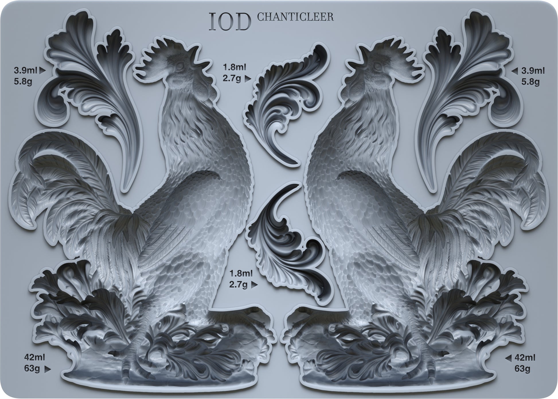 An Iron Orchid Designs silicone mould featuring a rooster design with detailed feathers and a crown, labelled 'IOD Chanticleer' 