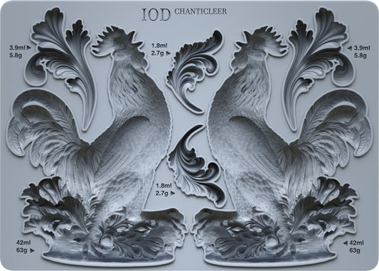 An Iron Orchid Designs silicone mould featuring a rooster design with detailed feathers and a crown, labelled 'IOD Chanticleer' 