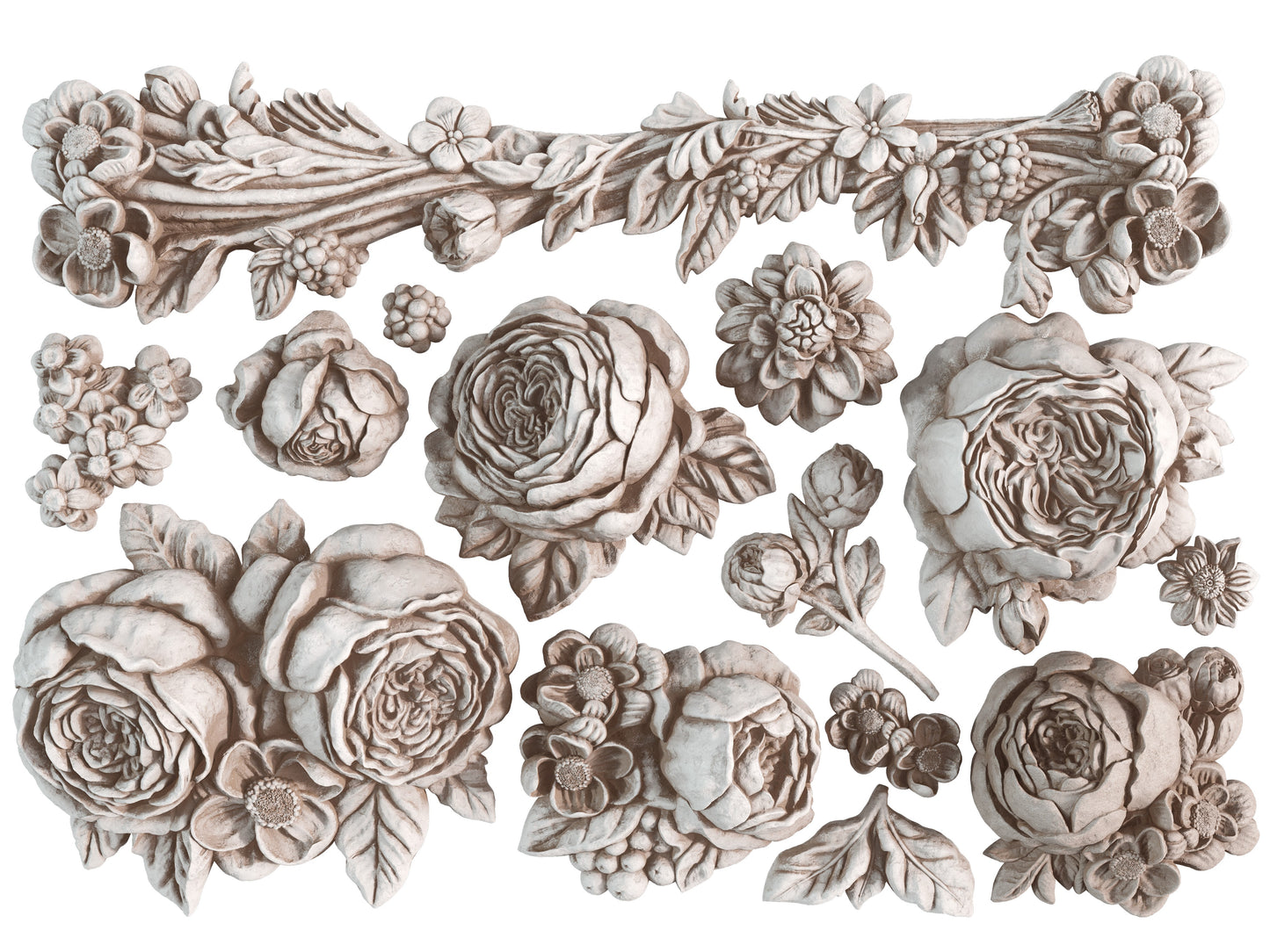 White clay castings on a white background from Iron Orchid Designs Felicite mould. High detailed roses and flowers alongside a long swag.