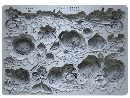 A detailed image of the Iron Orchid Designs Felicite silicone Decor Mould, showing floral patterns suitable for crafting and baking.