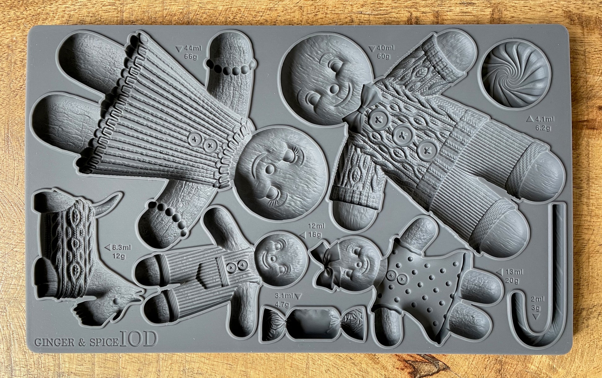 A grey-coloured decor mould by Iron Orchid Designs featuring gingerbread figures and holiday-themed patterns.