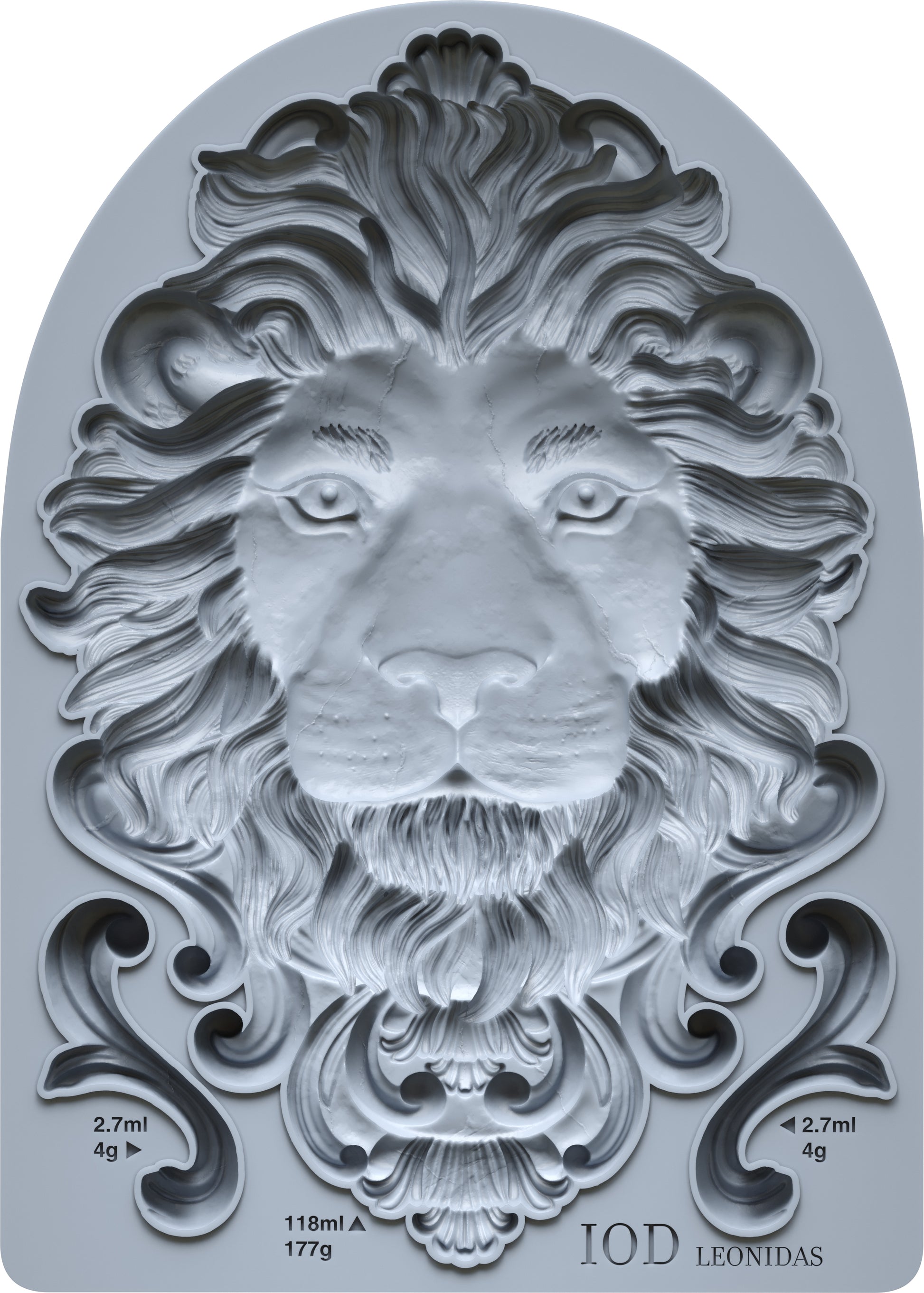 An Iron Orchid Designs 5" x 7" deep format mould featuring the head of a lion, with ornate details around the frame, labeled 'IOD LEONIDAS'.