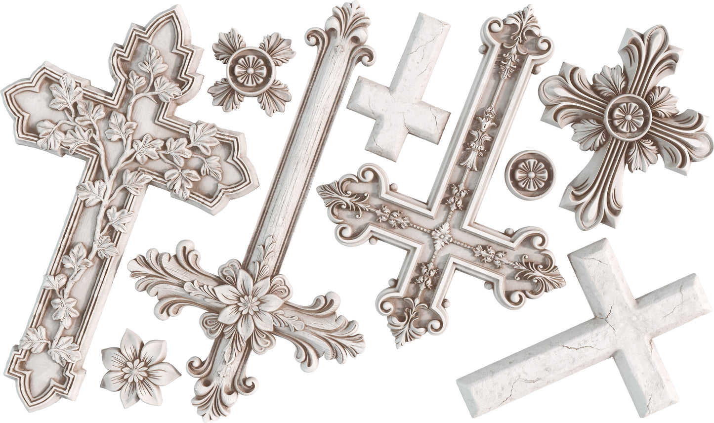 Collection of decorative crosses and floral elements from Iron Orchid Designs on a white background