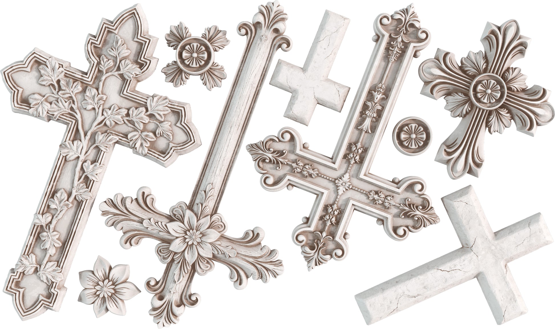 Collection of decorative crosses and floral elements from Iron Orchid Designs on a white background