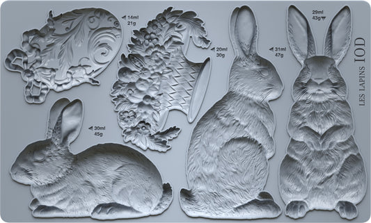 Grey silicone mould from Iron Orchid Designs. Les Lapins has three rabbits, a basket and an decorative egg.