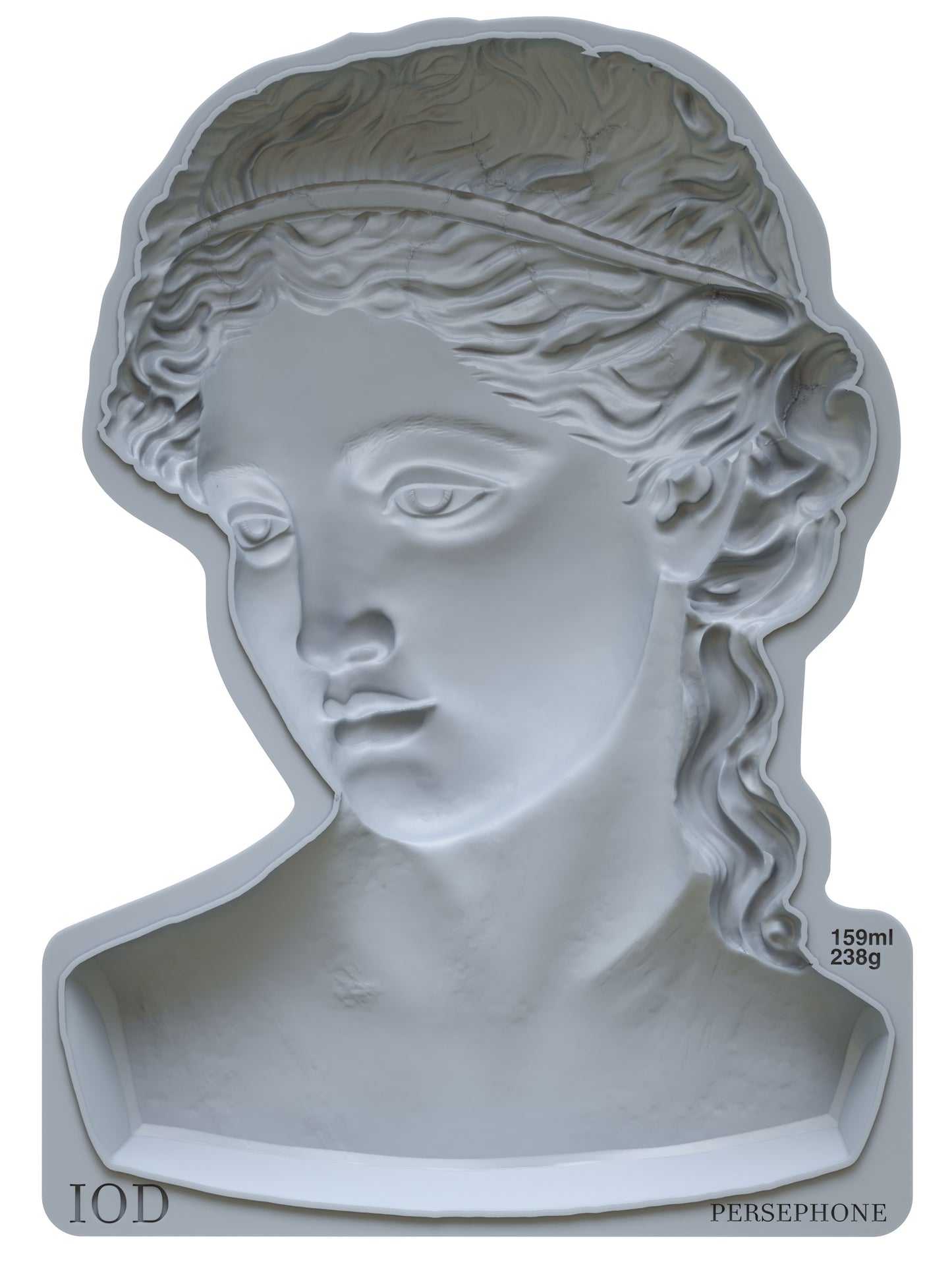 A silicone decorative mould depicting the head and part shoulders of the Greek goddess Persephone, branded by Iron Orchid Designs.